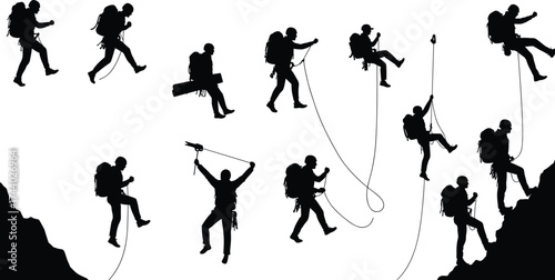 Mountain climber silhouette vector illustration showing rock climbing, hiking, and adventure sport activities for outdoor exploration and extreme challenge design