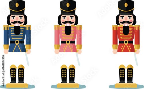 Colorful nutcracker soldiers illustration, traditional Christmas decoration, festive holiday toy guards in uniform with hats and swords, vintage wooden dolls design