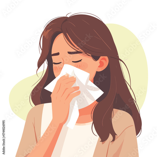 Illustration of a woman sneezing in a flat design style