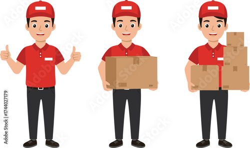 Delivery man cartoon character holding parcel boxes, courier service illustration, logistics and shipping concept, express delivery worker with packages illustration