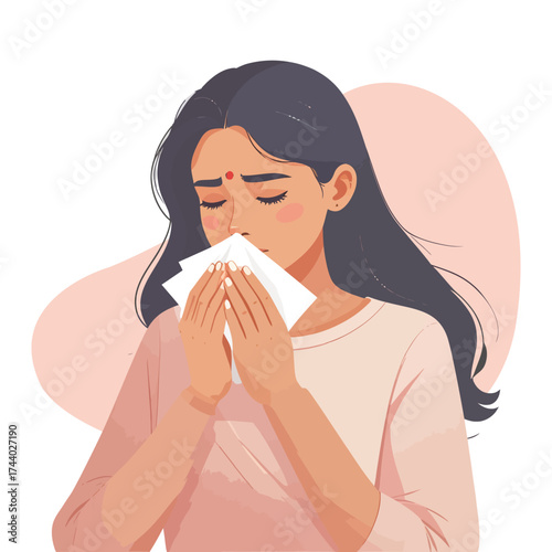 Illustration of a woman sneezing in a flat design style