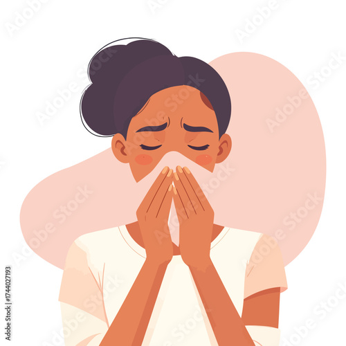 Illustration of a woman sneezing in a flat design style