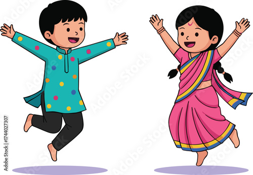 Happy Indian kids jumping with joy, children celebrating festival in traditional dress, cultural happiness and festive illustration for India