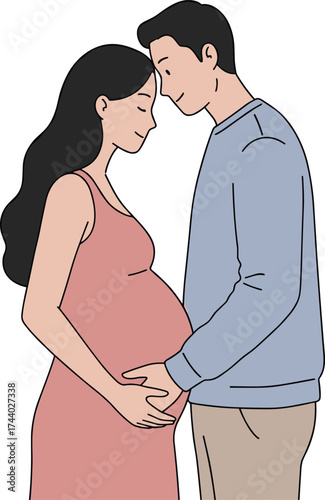 Happy pregnant couple illustration, expecting parents touching baby bump, family love, maternity concept, tender moment, parenthood, new life beginning, flat design