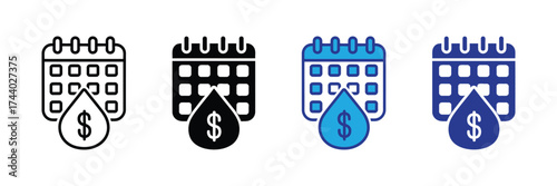 Calendar icon with a water drop and dollar sign, representing water bill payment or water utility costs, isolated on transparent background