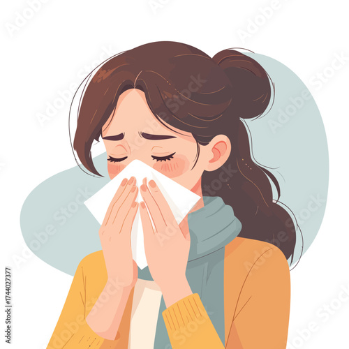 Illustration of a woman sneezing in a flat design style