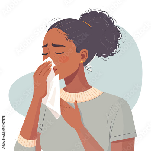 Illustration of a woman sneezing in a flat design style