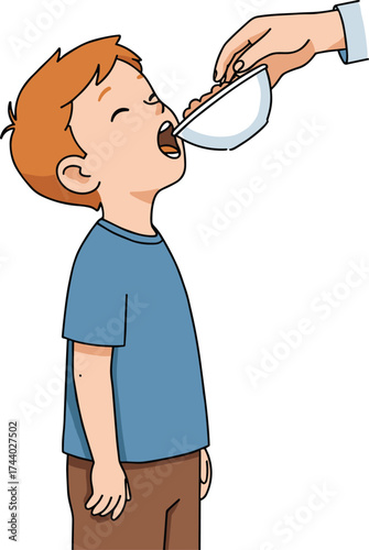 Parent feeding child with bowl, illustration of caring family moment, healthy eating, nurturing parent and kid nutrition concept in cartoon style