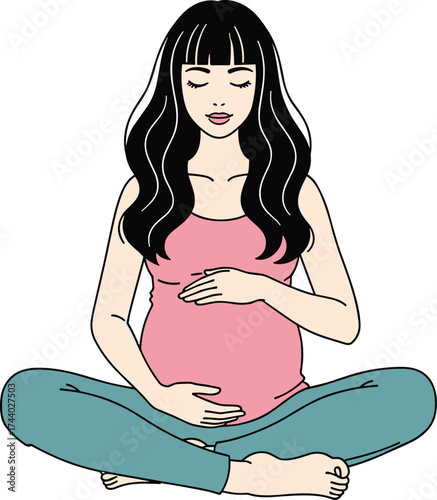 Pregnant woman sitting cross legged, meditating and touching belly, prenatal yoga, maternity care, calm motherhood illustration, expecting mother relaxation concept