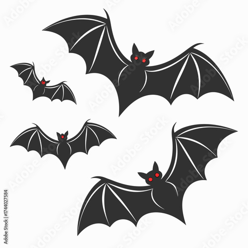 Four stylized gray bats are flying with glaring red eyes on a white background