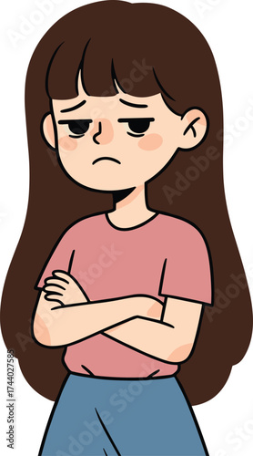 Sad young girl with long hair crossing arms, unhappy facial expression, disappointed and upset female cartoon character illustration for emotion concept