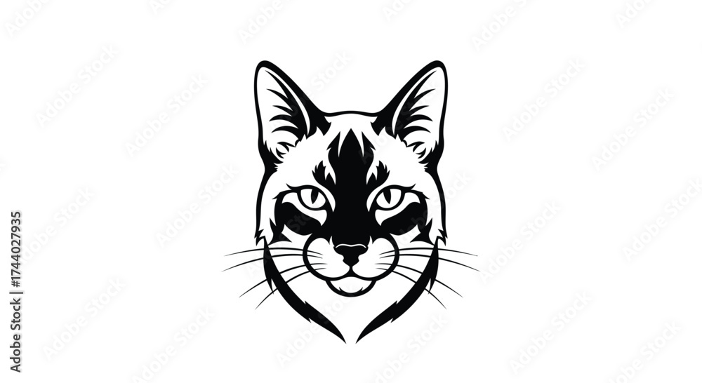 Fototapeta premium Black and white cat face logo with whiskers on white