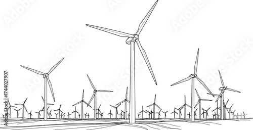 Windmills on a Field, Renewable Energy, Line Art Illustration