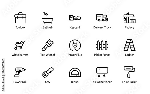 Industrial tools and construction essentials icon set featuring power drill, paint roller, air conditioner, wrench, truck, and more.