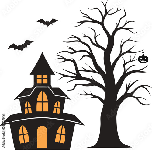 Spooky haunted house sits beside a barren tree as bats fly by; transparent background