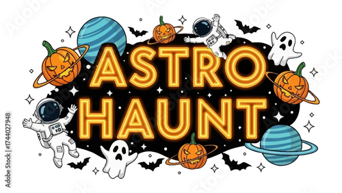 Astro Haunt Illustration: A fun, creative illustration perfectly encapsulates the essence of a spooky space-themed Halloween party.