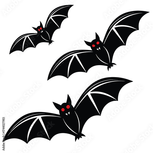 Three black bats with red eyes gracefully fly on a transparent background