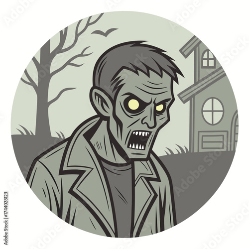 Animated zombie with glowing eyes roams near a spooky house and trees