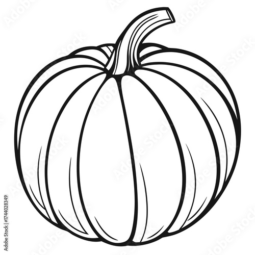 Bold black outline defines a round pumpkin with classic ridges on transparent backdrop