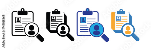 Collection of four icons representing resume search and candidate selection, isolated on transparent background
