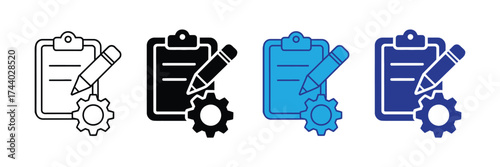 Clipboard with pencil and gear icon, representing task management, editing, and process automation, isolated on transparent background