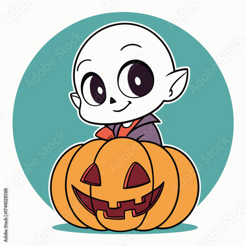 Cartoonish albino vampire embraces a grinning orange pumpkin, set against a teal backdrop