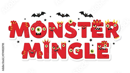 Monster Mingle: A lively and fun illustration of the phrase Monster Mingle, perfect for children's events and playful designs, complete with spooky creatures and vibrant colors.