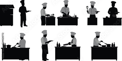 Professional chef silhouettes cooking and preparing food in kitchen, restaurant staff working at counter, black and white vector illustration