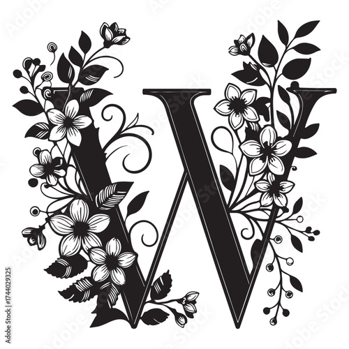 Letter w floral design isolated on white background, featuring delicate flowers and leaves in a vintage style illustration
