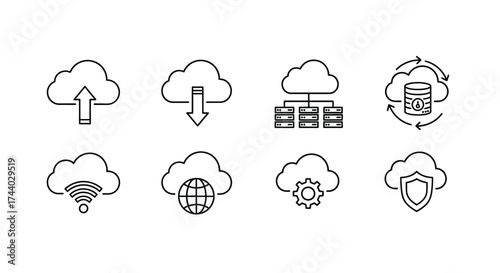 Cloud computing icons set for digital data storage network security and global connectivity vector