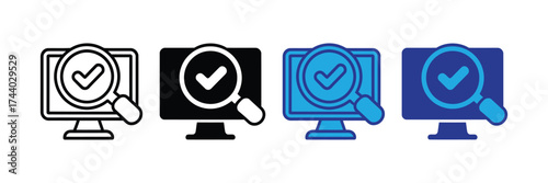 Computer screen with a magnifying glass and a checkmark, representing search and verification, isolated on transparent background
