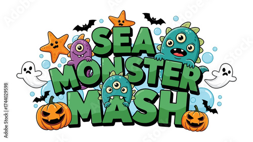 Sea Monster Mash: A vibrant illustration featuring a lively array of whimsical sea monsters, pumpkins, ghosts, bats, and stars comes together to create a captivating Halloween scene.