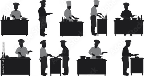 Professional chef silhouettes cooking in kitchen, restaurant staff preparing food, culinary teamwork concept, black and white vector illustration for design