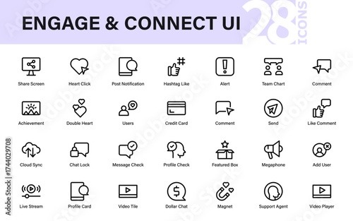 A modern set of UI and social media icons including chat, profile, video, support, notifications, and user interaction elements.