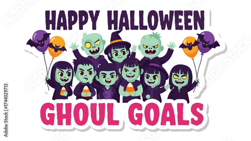 Spooky Halloween Gathering: A collection of cartoonish characters revel in the spirit of Halloween.