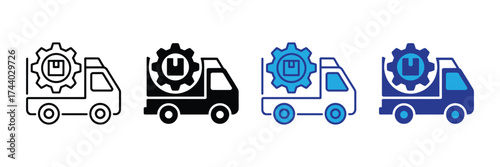 Set of four truck icons with gear and package symbol, isolated on transparent background