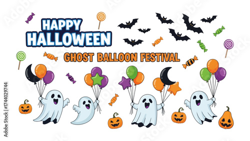 Happy Halloween Ghost Balloon Festival: Festive scene of smiling ghosts, colorful balloons, pumpkins, candies and bats, celebrating the spookiest night of the year. Perfect for Halloween events.