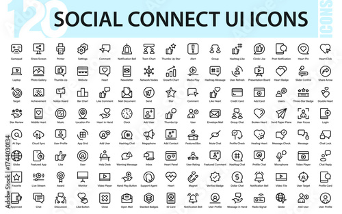 Modern flat vector icon set featuring user profiles, chats, messages, notifications, hearts, and social media elements for web and app UI design.