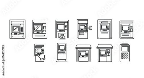 Set of diverse automated teller machines and kiosks hand drawn sketch style elements vector