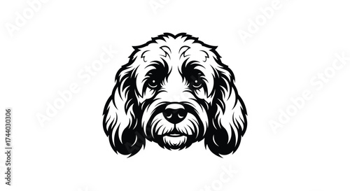 Black and White Cockapoo Dog Head Mascot Logo Keywords: cockapoo, dog, puppy, head, mascot, logo