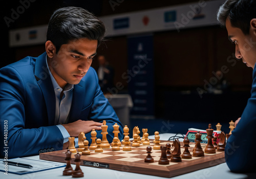 Intense Young Indian Chess Grandmaster in Blue Suit Concentrating during Tournament Match