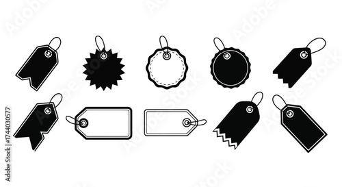 Collection of black sale price tags and labels various shapes and designs vector