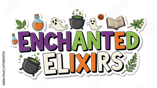 Enchanted Elixirs: An enchanting title illustration, perfect for a whimsical potion shop or magical-themed project. The image features a title with related item.