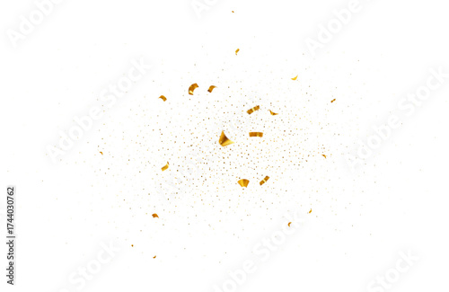 Falling shiny gold confetti. Explosion shimmer particle on carnival party, spray serpentine on holiday event. Bright golden festive tinsel for holiday banner, poster, flyer, invitation. Vector