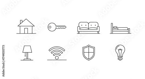 Smart home technology icons set representing connected devices and security vector