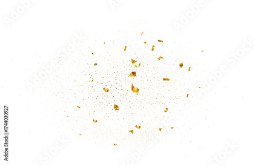 Gold particle confetti with shine. Bright golden festive tinsel for carnival party, glitter dot dust holiday event, surprise birthday. Vector dynamic small particles flow for Christmas celebration