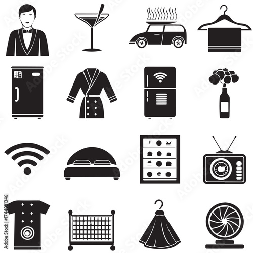 Black and white vector illustration of hotel room amenities and services isolated on white background