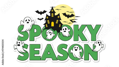 Spooky Season Celebration: A spooky illustration featuring haunted house, playful ghosts, bats and moon. Ideal for Halloween festivities, decorations and promotions.