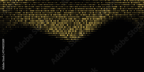 Abstract luxury banner with golden glittering dots on black background. Sparkling glitter bottom border, vector frame. Halftone effect. Magical gold dust. Pop art style backdrop.