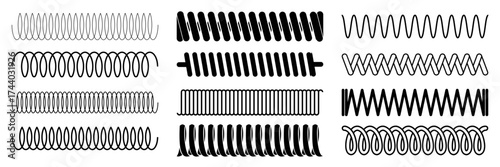 seamless spring coil vector brush stroke for illustrator. Black coil, shock absorber or extension spring shapes collection